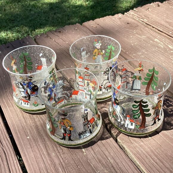 Vintage Bavarian Village Enamel Rocks Glasses Set of 4, Mid-Century - Picture 1 of 6